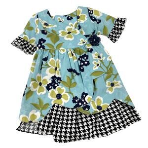A La Modish Girls Blue & Green Floral Print Houndstooth Tie Dress 3